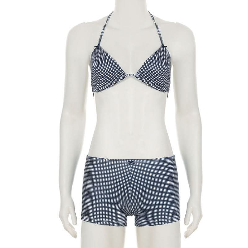 Chic Gingham Halter Bikini & Boxer Shorts Set – Perfect for Fall Getaways & Luxe Lounging
