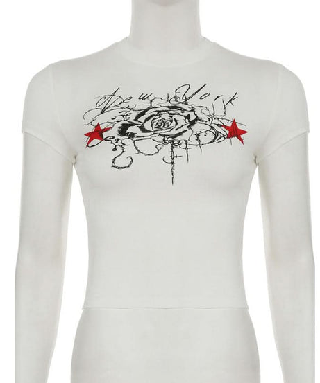 New York Rose & Red Star Graphic Fitted Tee - Women's Edgy Y2K Street Style Top