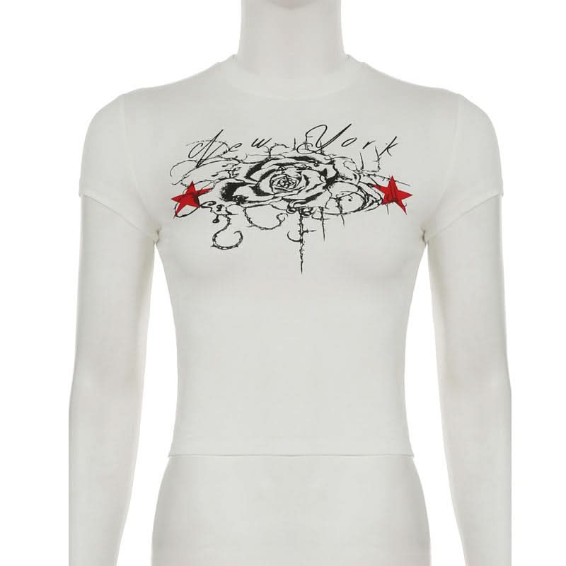 New York Rose & Red Star Graphic Fitted Tee - Women's Edgy Y2K Street Style Top