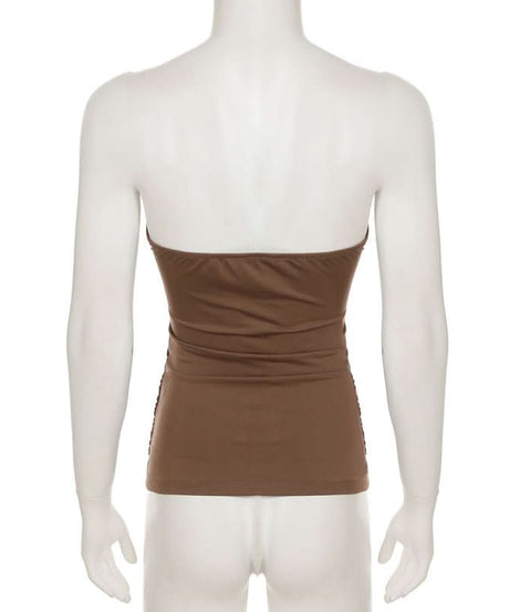 Fall Romance: Mocha Brown Lace Tiered Backless Tube Top - Chic Ruched Style