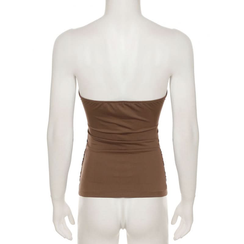 Fall Romance: Mocha Brown Lace Tiered Backless Tube Top - Chic Ruched Style
