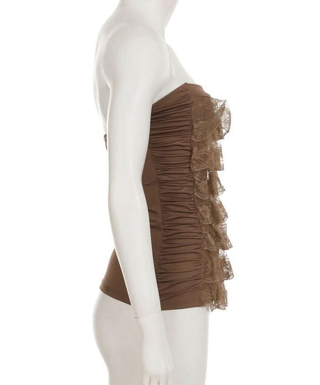 Fall Romance: Mocha Brown Lace Tiered Backless Tube Top - Chic Ruched Style