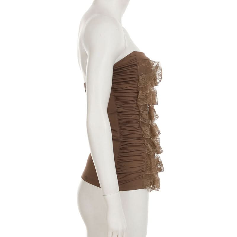 Fall Romance: Mocha Brown Lace Tiered Backless Tube Top - Chic Ruched Style