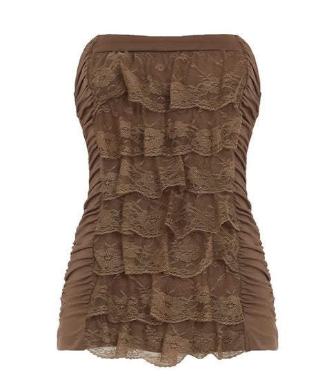 Fall Romance: Mocha Brown Lace Tiered Backless Tube Top - Chic Ruched Style