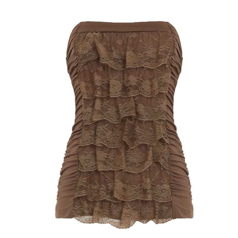 Fall Romance: Mocha Brown Lace Tiered Backless Tube Top - Chic Ruched Style