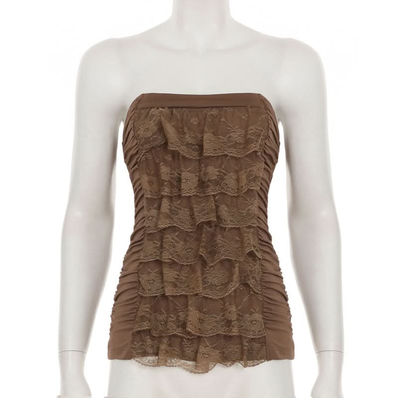 Fall Romance: Mocha Brown Lace Tiered Backless Tube Top - Chic Ruched Style