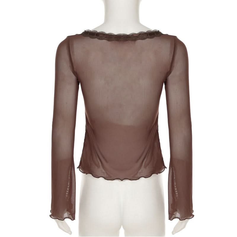 Fall Fairycore Sheer Mesh Tie-Front Top | Romantic Lace Trim Long Sleeve Blouse