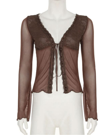 Fall Fairycore Sheer Mesh Tie-Front Top | Romantic Lace Trim Long Sleeve Blouse