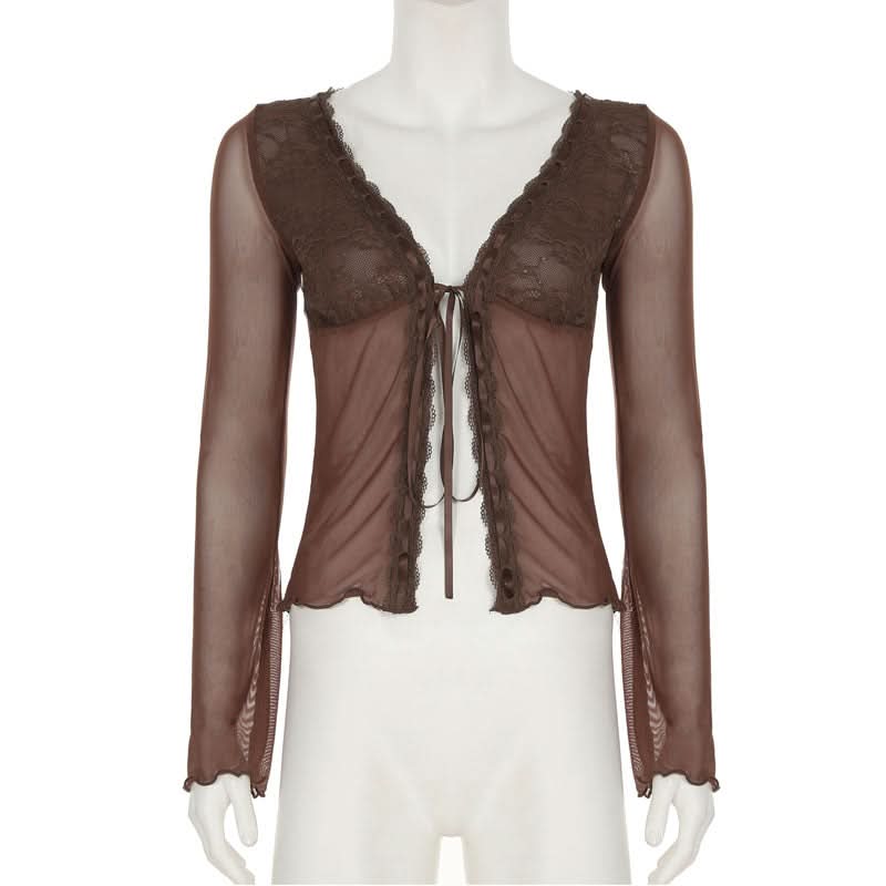 Fall Fairycore Sheer Mesh Tie-Front Top | Romantic Lace Trim Long Sleeve Blouse