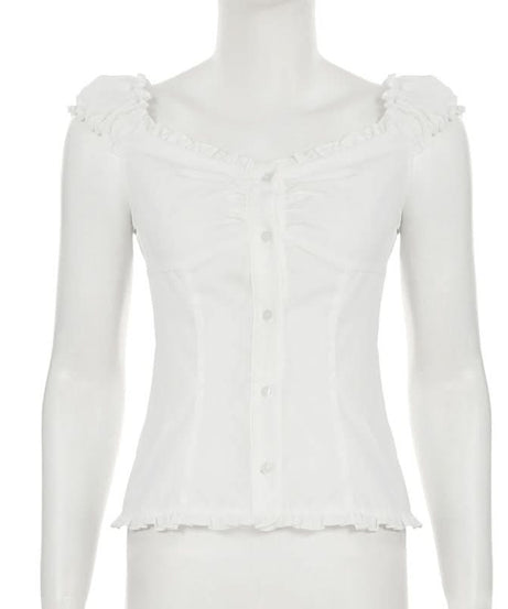 Chic Ruffled Button-Front Blouse | Versatile White Top for Fall