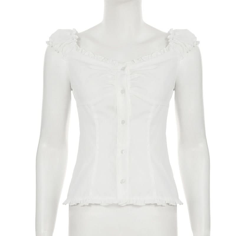 Chic Ruffled Button-Front Blouse | Versatile White Top for Fall