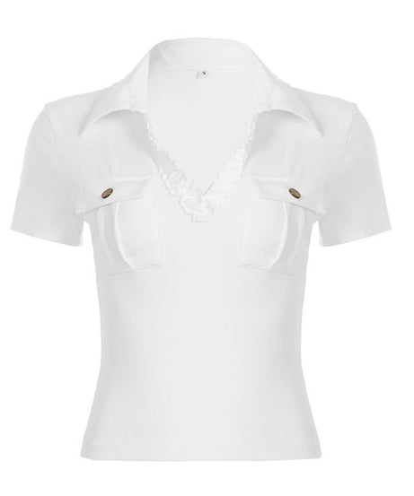 Elevated White Ruffle Collar Polo Blouse | Short Sleeve Top with Pockets - Chic & Transitional for Fall