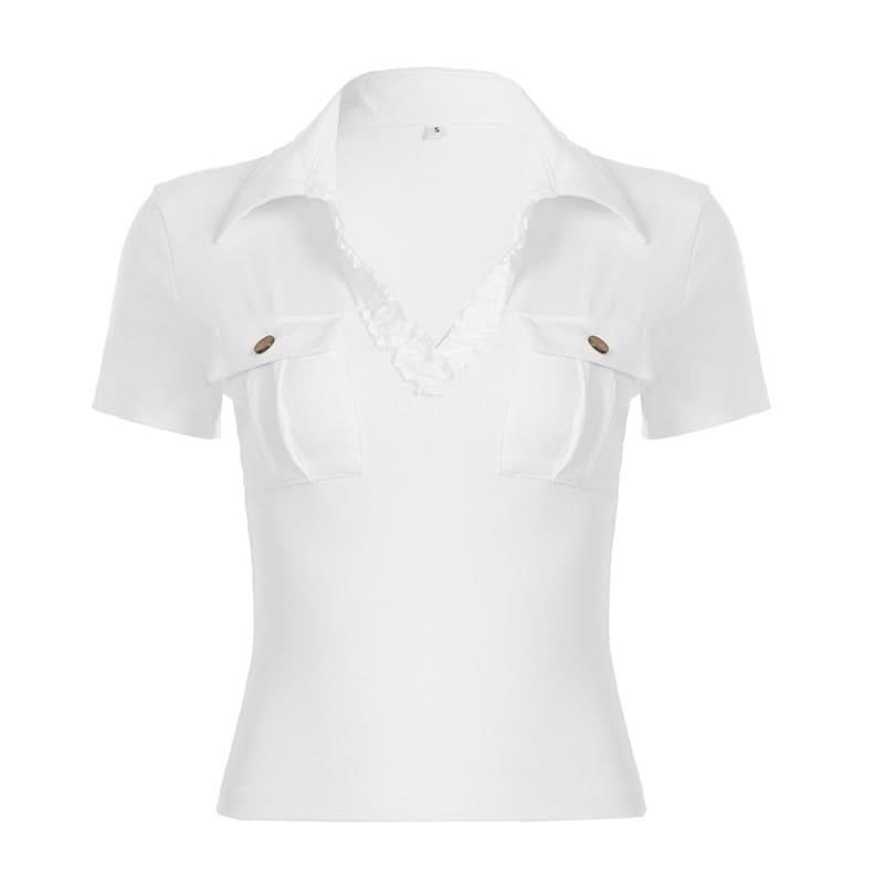 Elevated White Ruffle Collar Polo Blouse | Short Sleeve Top with Pockets - Chic & Transitional for Fall