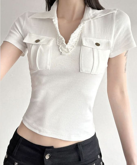Elevated White Ruffle Collar Polo Blouse | Short Sleeve Top with Pockets - Chic & Transitional for Fall
