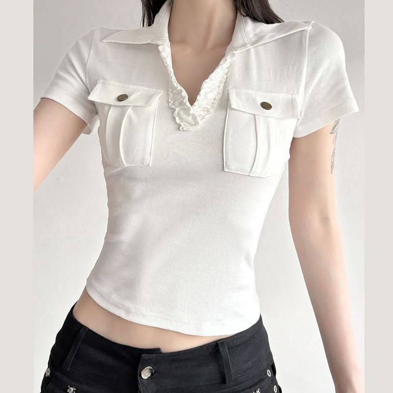 Elevated White Ruffle Collar Polo Blouse | Short Sleeve Top with Pockets - Chic & Transitional for Fall