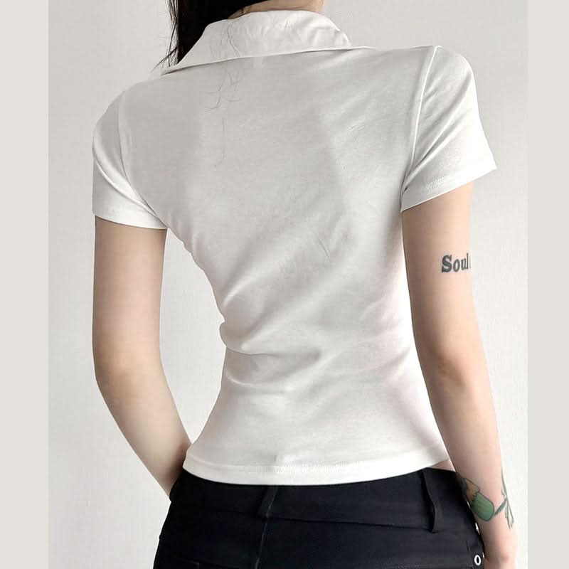 Elevated White Ruffle Collar Polo Blouse | Short Sleeve Top with Pockets - Chic & Transitional for Fall