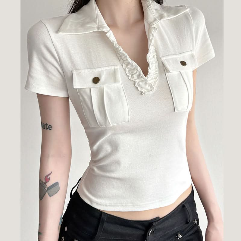 Elevated White Ruffle Collar Polo Blouse | Short Sleeve Top with Pockets - Chic & Transitional for Fall