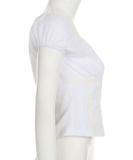 Romantic Lace-Trim Puff Sleeve Blouse - Chic Button Front Top for Fall Layering & Timeless Style