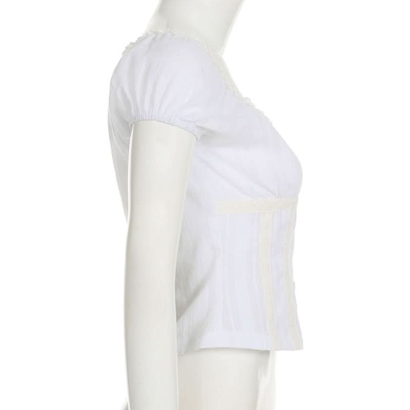 Romantic Lace-Trim Puff Sleeve Blouse - Chic Button Front Top for Fall Layering & Timeless Style