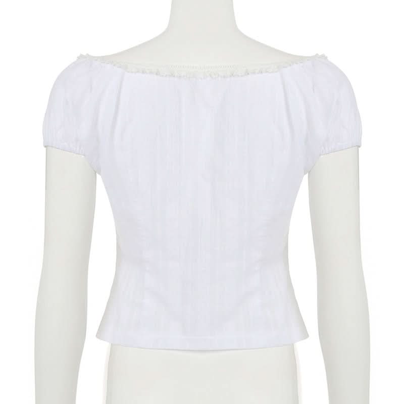 Romantic Lace-Trim Puff Sleeve Blouse - Chic Button Front Top for Fall Layering & Timeless Style