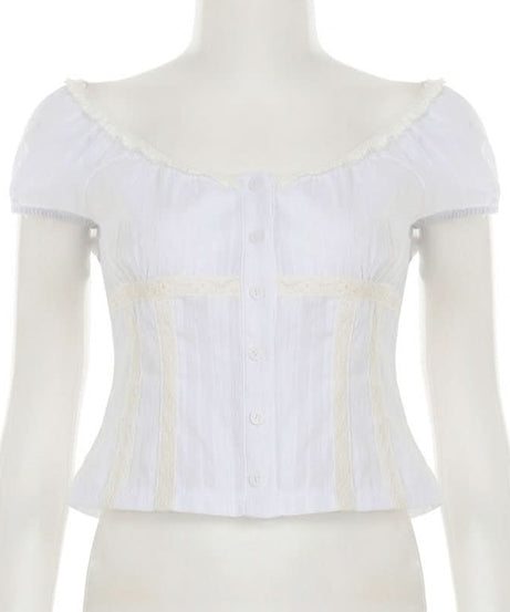 Romantic Lace-Trim Puff Sleeve Blouse - Chic Button Front Top for Fall Layering & Timeless Style