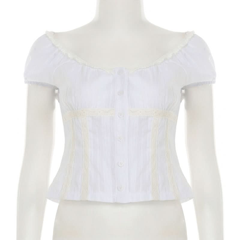 Romantic Lace-Trim Puff Sleeve Blouse - Chic Button Front Top for Fall Layering & Timeless Style