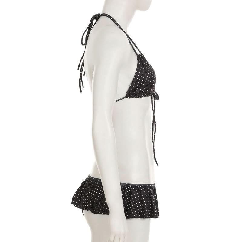 Chic Polka Dot Halter Bikini Set – Ruffle Skirt Bottoms for Your Vacation & Resort Getaway