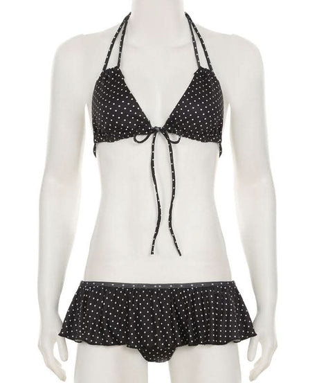 Chic Polka Dot Halter Bikini Set – Ruffle Skirt Bottoms for Your Vacation & Resort Getaway