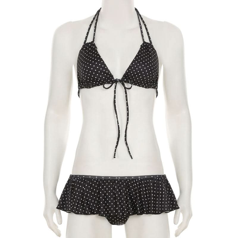 Chic Polka Dot Halter Bikini Set – Ruffle Skirt Bottoms for Your Vacation & Resort Getaway