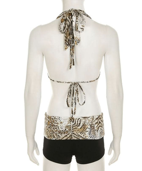 Wild Instincts Halter & Boy Shorts Set - Mixed Animal Print Swimwear for Your Fall Escape