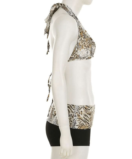 Wild Instincts Halter & Boy Shorts Set - Mixed Animal Print Swimwear for Your Fall Escape