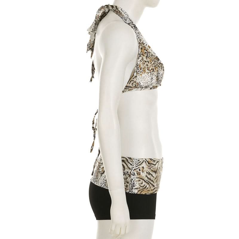 Wild Instincts Halter & Boy Shorts Set - Mixed Animal Print Swimwear for Your Fall Escape