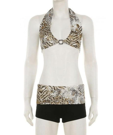 Wild Instincts Halter & Boy Shorts Set - Mixed Animal Print Swimwear for Your Fall Escape