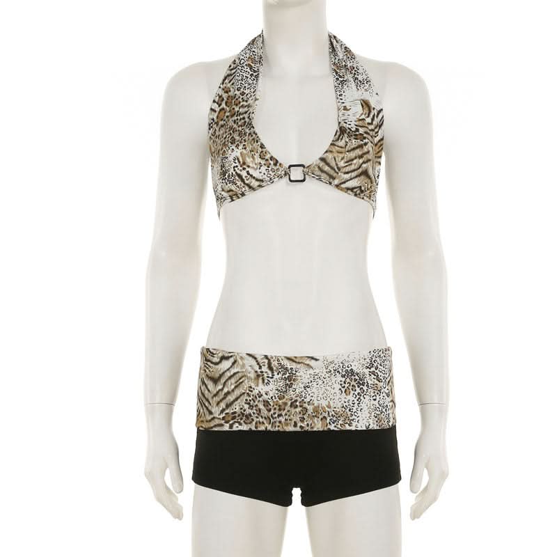 Wild Instincts Halter & Boy Shorts Set - Mixed Animal Print Swimwear for Your Fall Escape