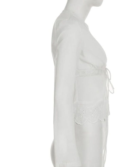 Romantic Eyelet Lace Self-Tie Top – Chic V-Neck Long Sleeve for Fall
