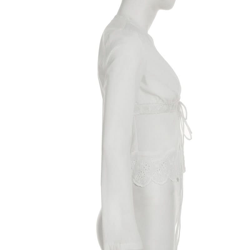 Romantic Eyelet Lace Self-Tie Top – Chic V-Neck Long Sleeve for Fall