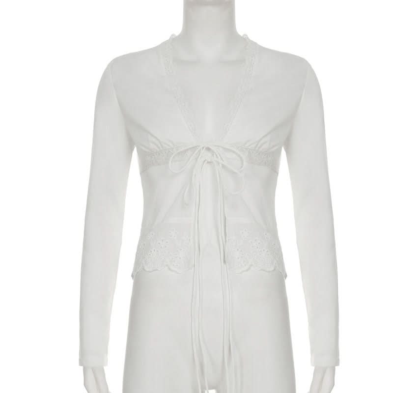 Romantic Eyelet Lace Self-Tie Top – Chic V-Neck Long Sleeve for Fall