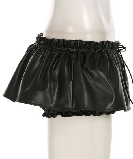 Edgy Chic Black Faux Leather Ruched Mini Skirt | Drawstring Ruffle-Hem for Fall