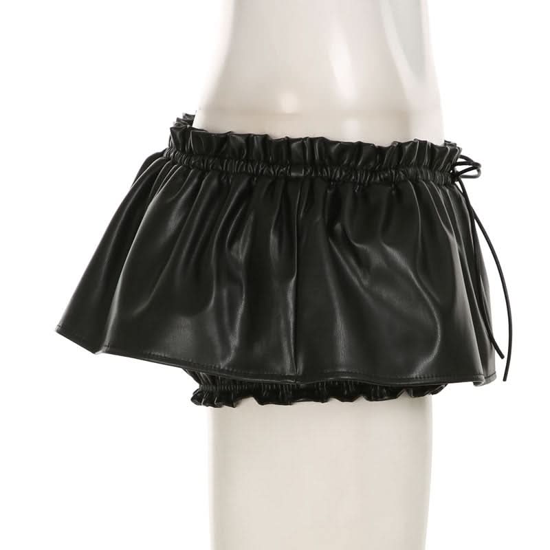 Edgy Chic Black Faux Leather Ruched Mini Skirt | Drawstring Ruffle-Hem for Fall