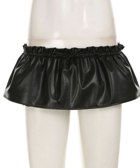 Edgy Chic Black Faux Leather Ruched Mini Skirt | Drawstring Ruffle-Hem for Fall
