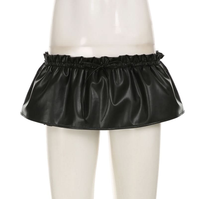 Edgy Chic Black Faux Leather Ruched Mini Skirt | Drawstring Ruffle-Hem for Fall