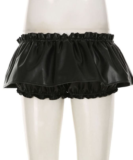 Edgy Chic Black Faux Leather Ruched Mini Skirt | Drawstring Ruffle-Hem for Fall