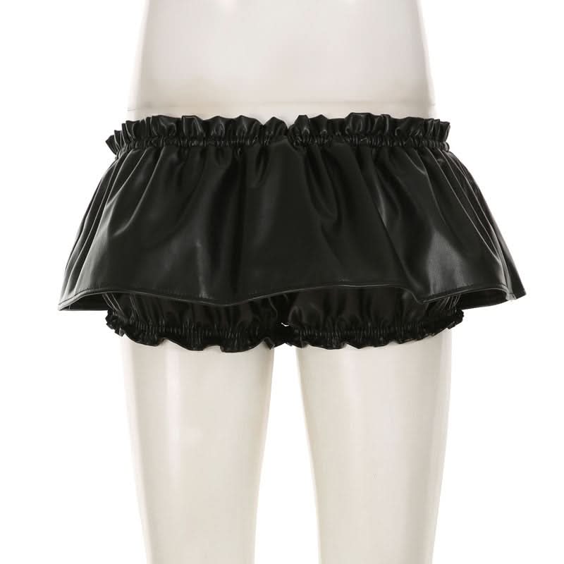Edgy Chic Black Faux Leather Ruched Mini Skirt | Drawstring Ruffle-Hem for Fall