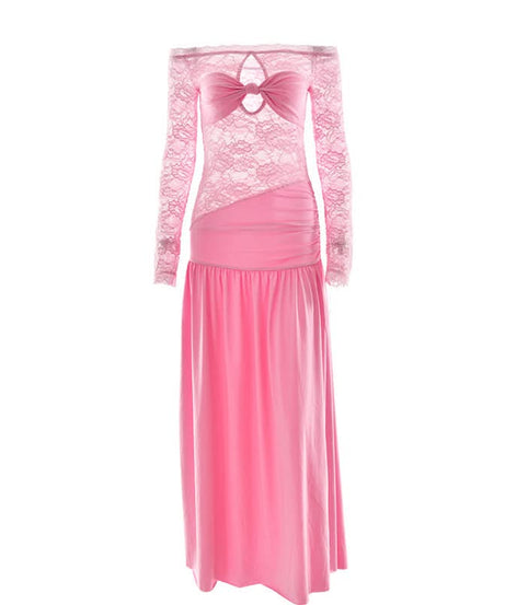 Radiant Pink Lace Off-Shoulder Maxi Dress with Bow Detail - Your Statement Piece for Fall & Holiday Parties