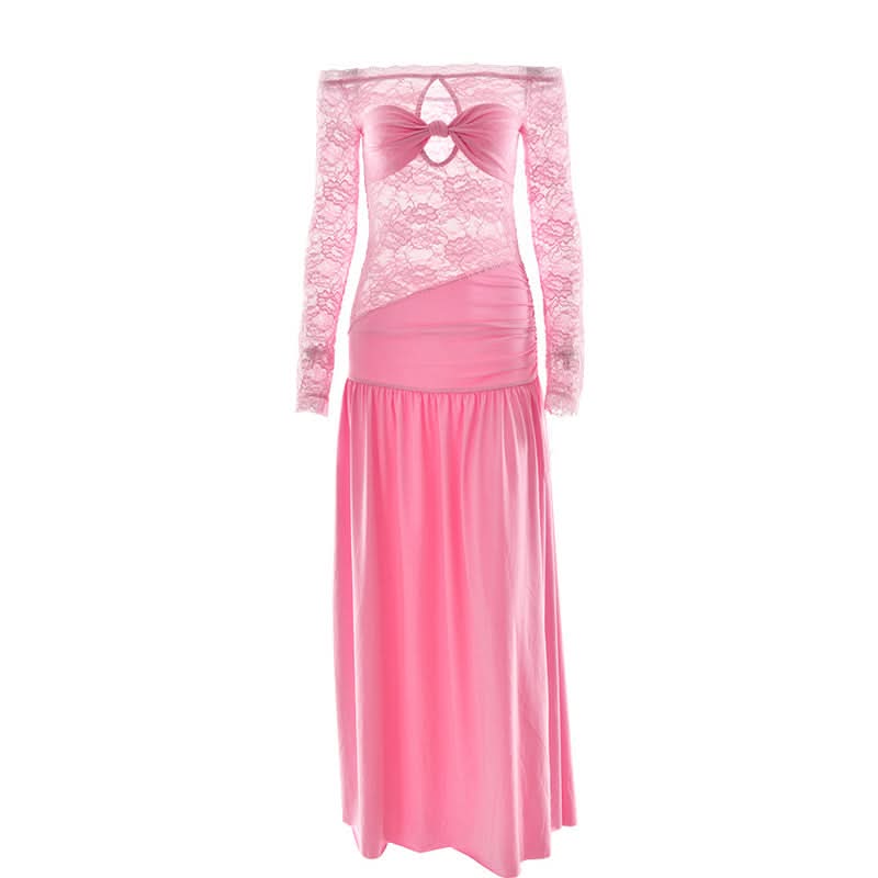 Radiant Pink Lace Off-Shoulder Maxi Dress with Bow Detail - Your Statement Piece for Fall & Holiday Parties