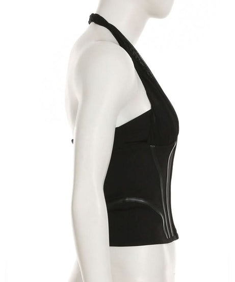 Sultry Black Halter Corset Top | Zip-Up Mesh & Faux Leather Detail | Fall & Holiday Night Out Essential
