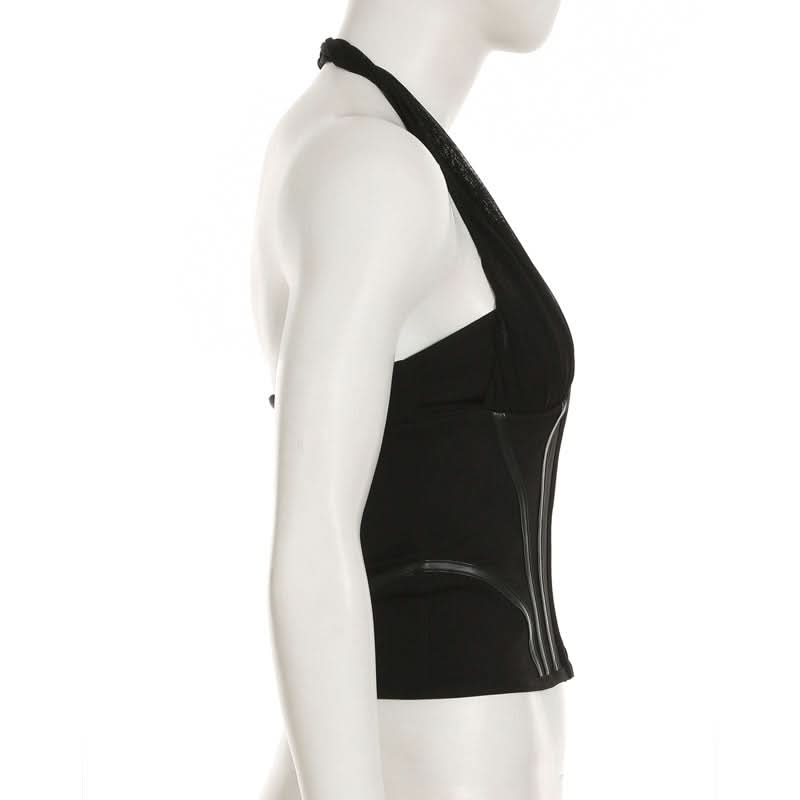 Sultry Black Halter Corset Top | Zip-Up Mesh & Faux Leather Detail | Fall & Holiday Night Out Essential