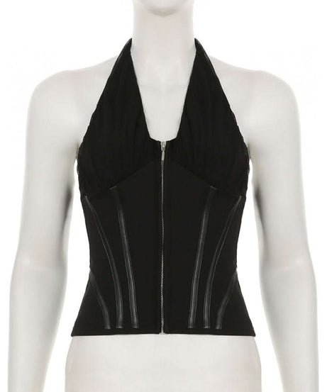 Sultry Black Halter Corset Top | Zip-Up Mesh & Faux Leather Detail | Fall & Holiday Night Out Essential