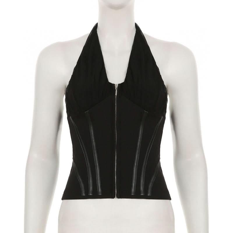 Sultry Black Halter Corset Top | Zip-Up Mesh & Faux Leather Detail | Fall & Holiday Night Out Essential