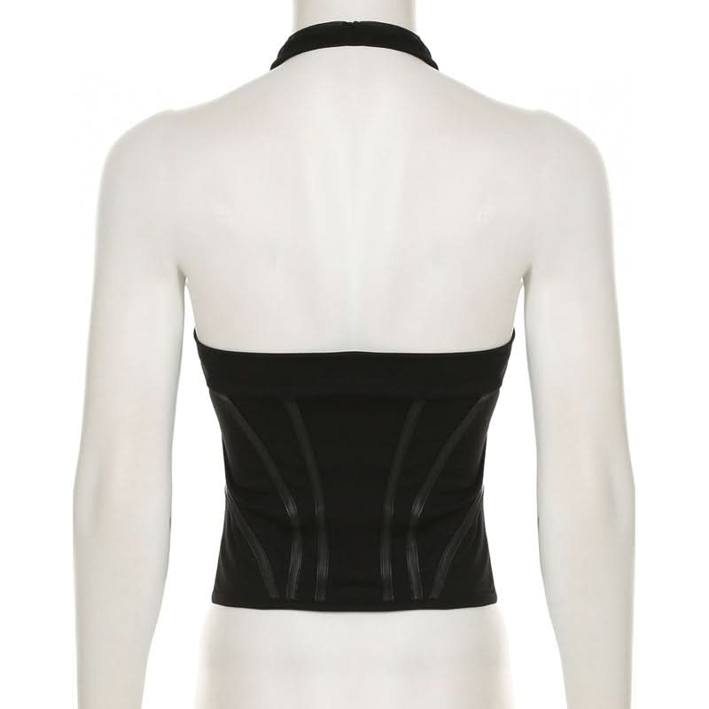 Sultry Black Halter Corset Top | Zip-Up Mesh & Faux Leather Detail | Fall & Holiday Night Out Essential